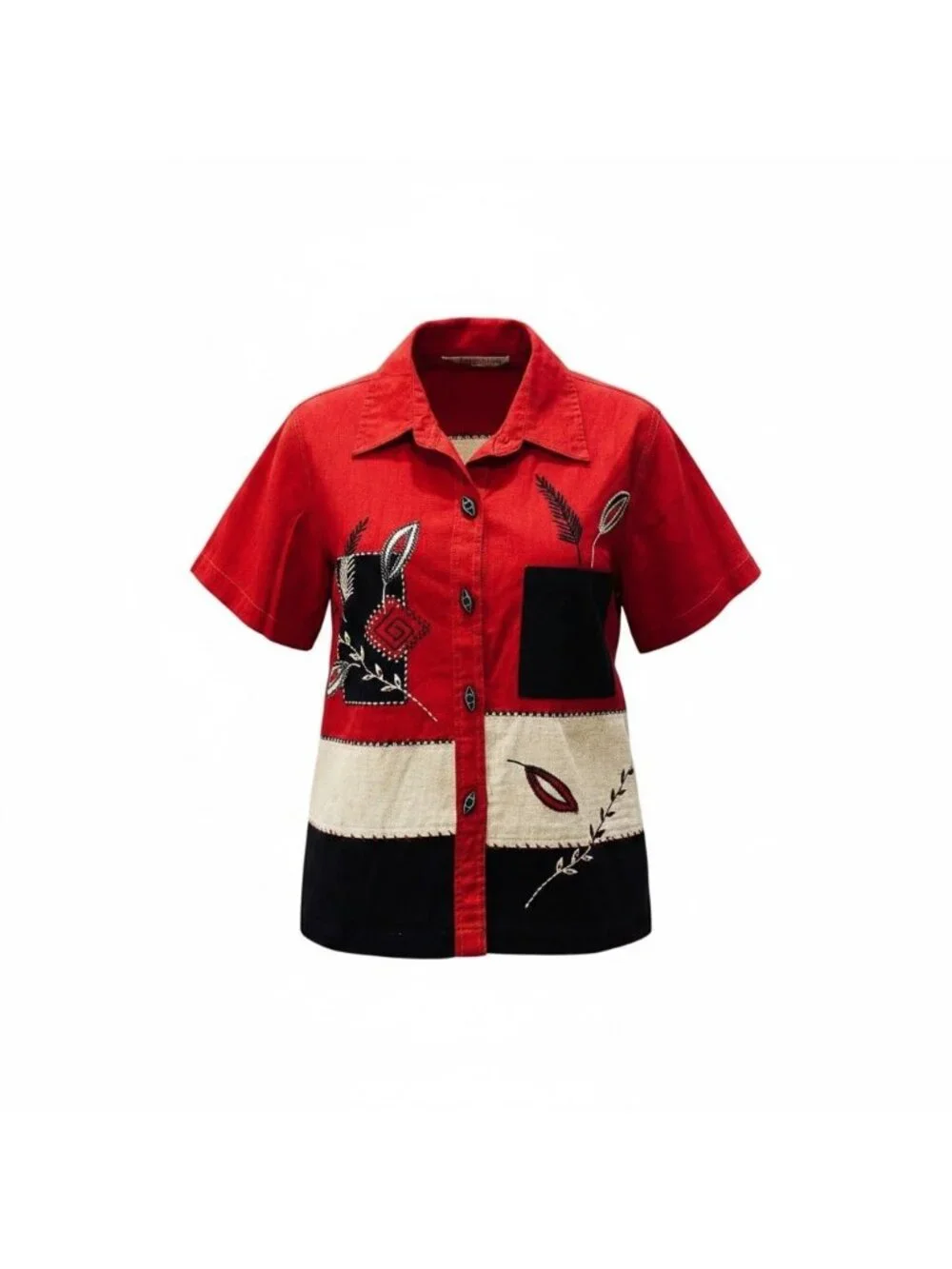 Vintage 90s Linen Blend Top S Color Block Black Red Applique Grannycore Artsy - Picture 1 of 8